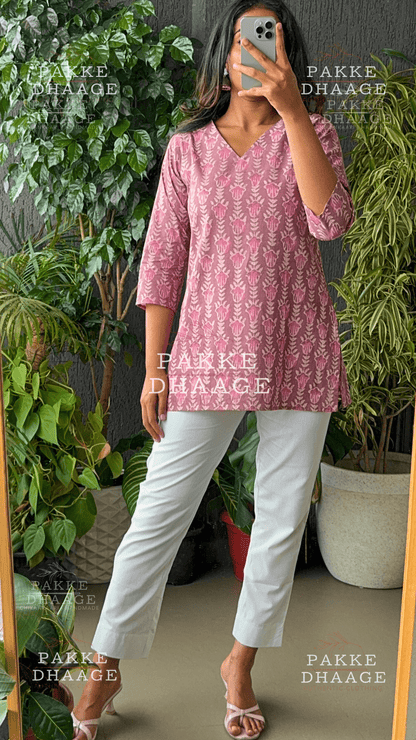 Print Poetry Pure Cotton Short Kurtis - Dusty Mauve