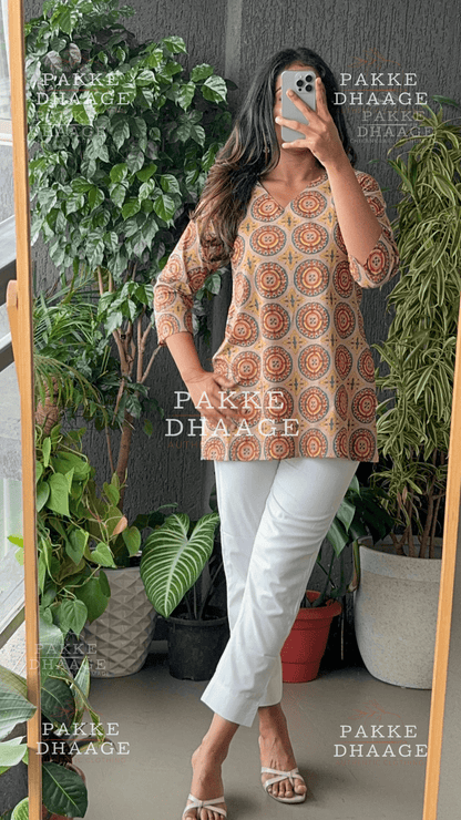 Print Poetry Pure Cotton Short Kurtis - Floral Beige