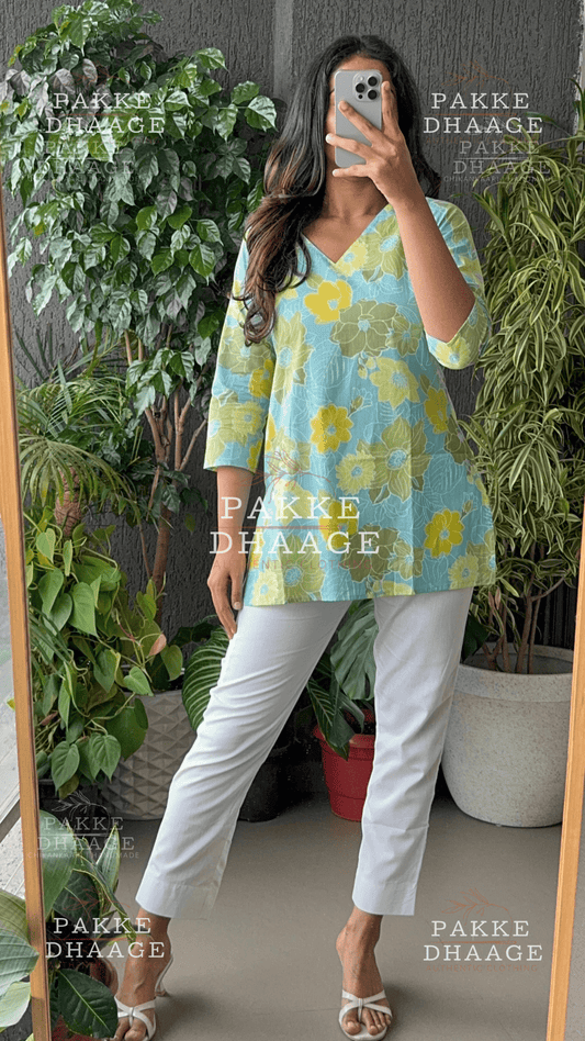 Print Poetry Pure Cotton Short Kurtis - Floral Bloom