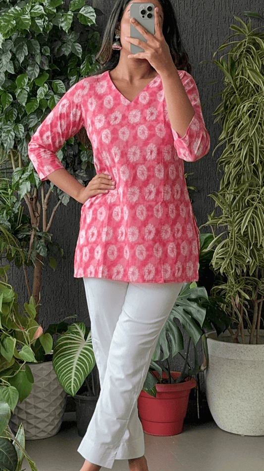 Print Poetry Pure Cotton Short Kurtis - Pink