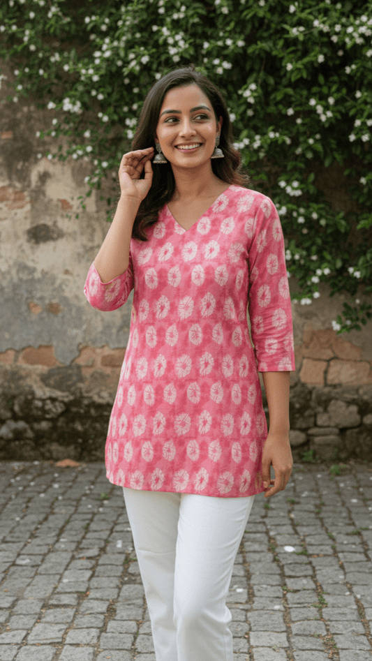 Woman wearing a pink floral top and white pants standing in front of a stone wall and greenery.