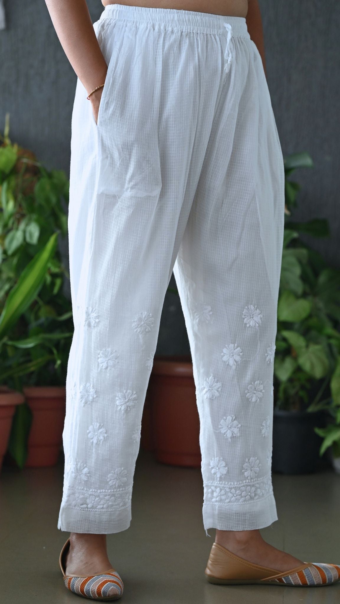 Pure Kota Doria Chikankari Pants with attached lining