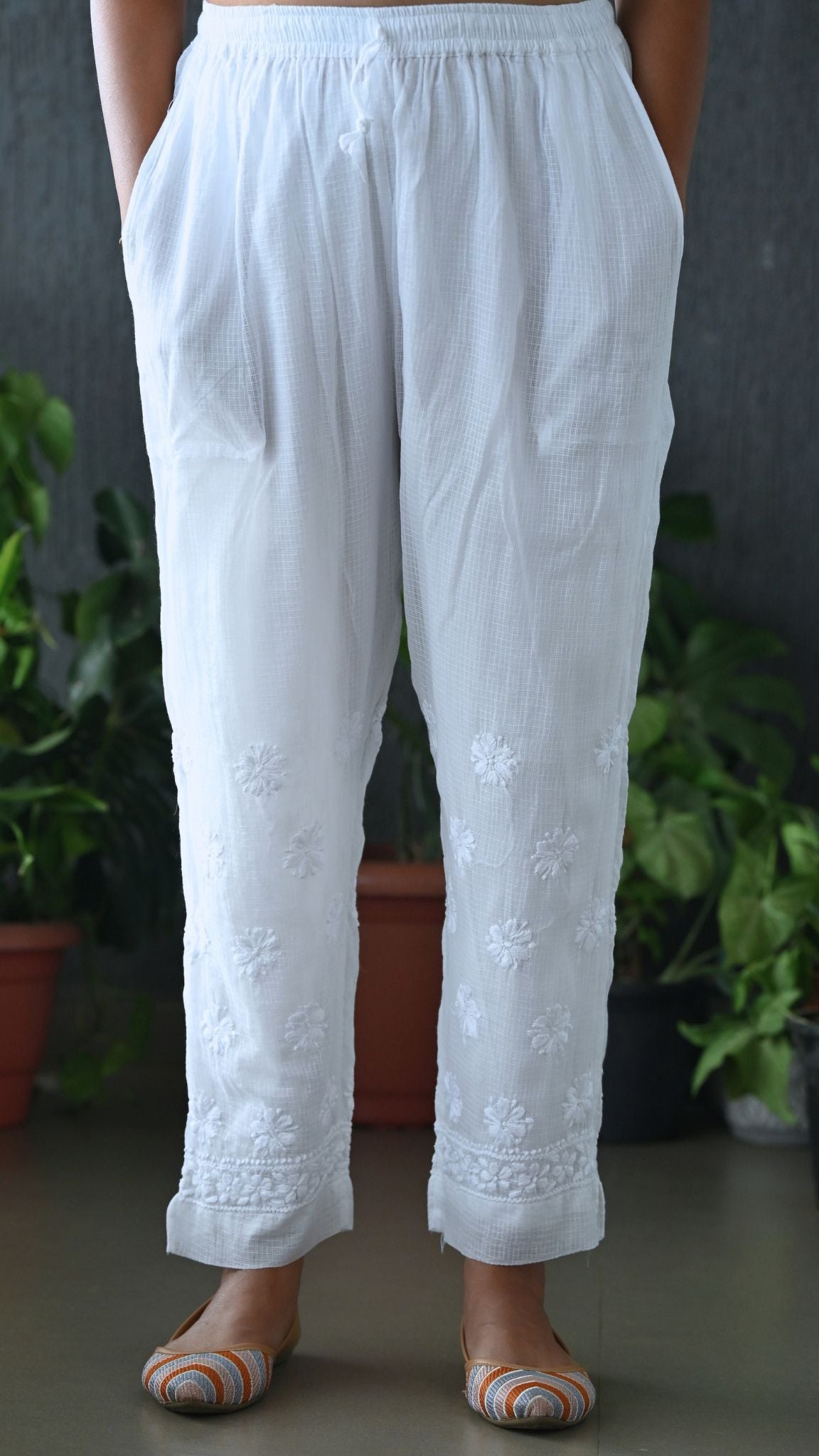 Pure Kota Doria Chikankari Pants with attached lining