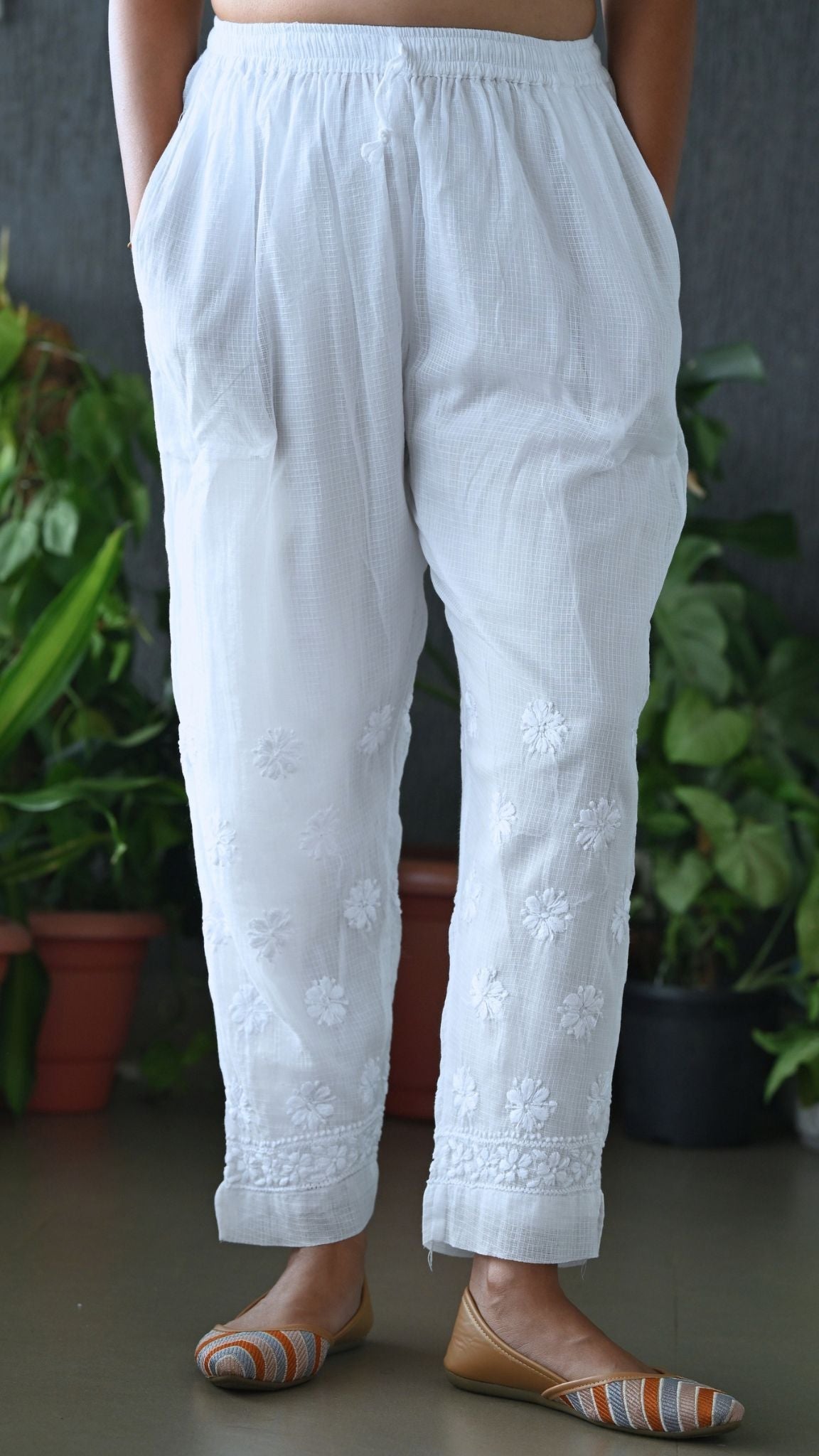 Pure Kota Doria Chikankari Pants with attached lining
