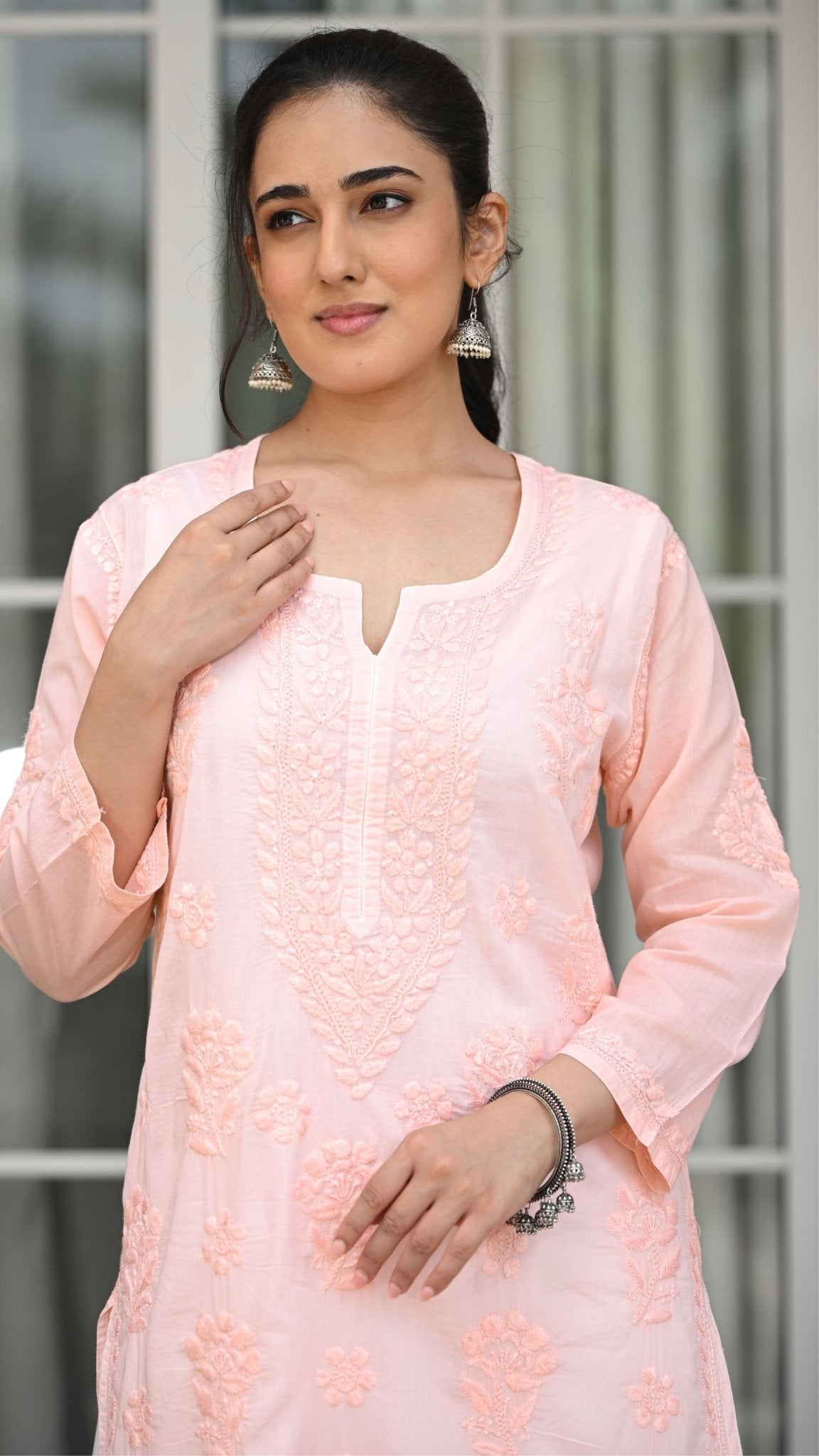 Reet Chikankari Pure Mul Cotton Kurtis - Apricot Haze