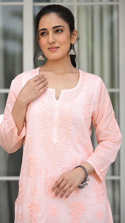 Reet Chikankari Pure Mul Cotton Kurtis - Apricot Haze