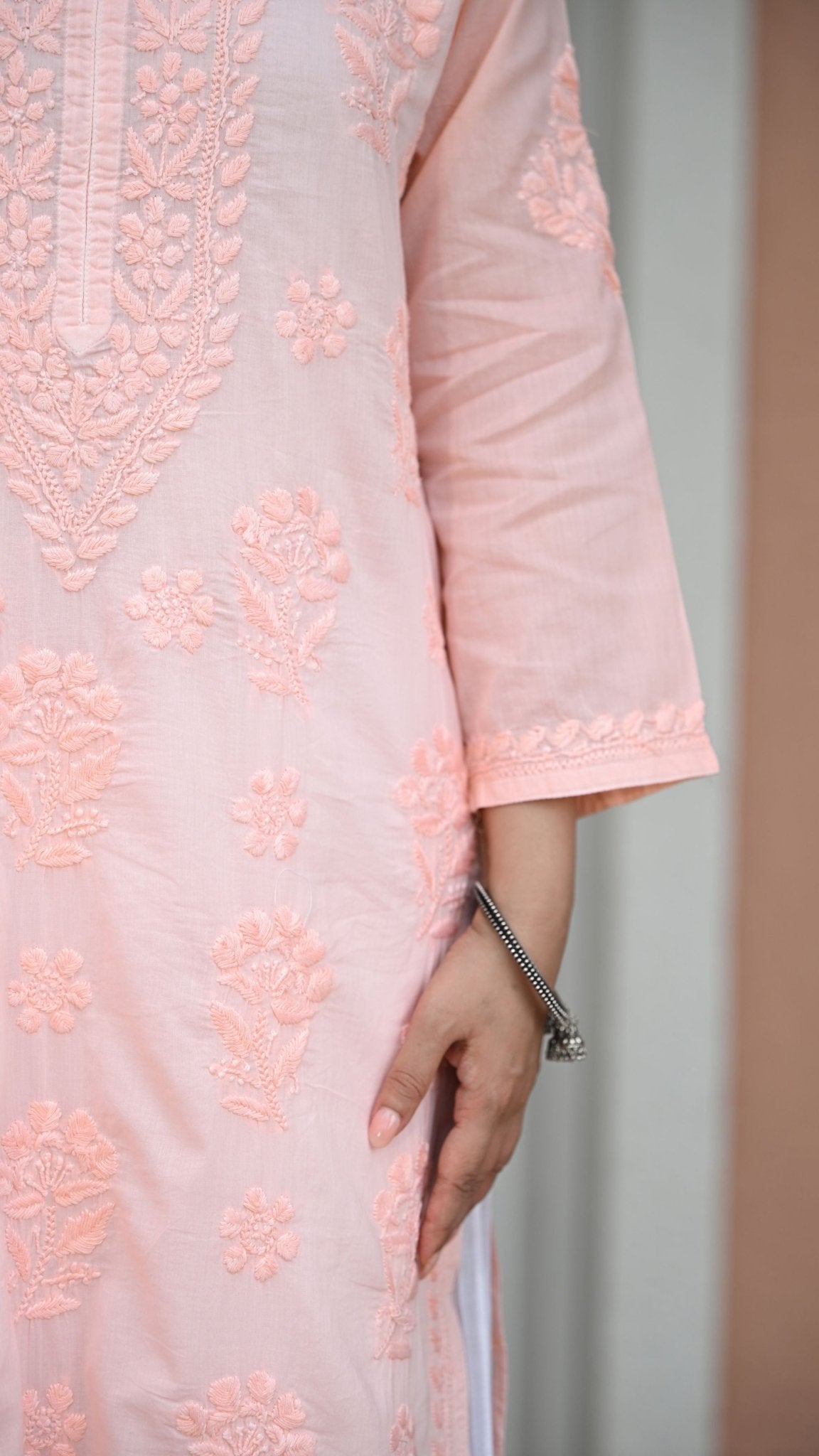 Reet Chikankari Pure Mul Cotton Kurtis - Apricot Haze