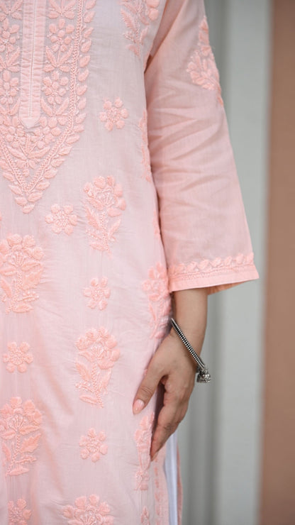 Reet Chikankari Pure Mul Cotton Kurtis - Apricot Haze