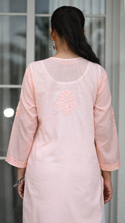 Reet Chikankari Pure Mul Cotton Kurtis - Apricot Haze