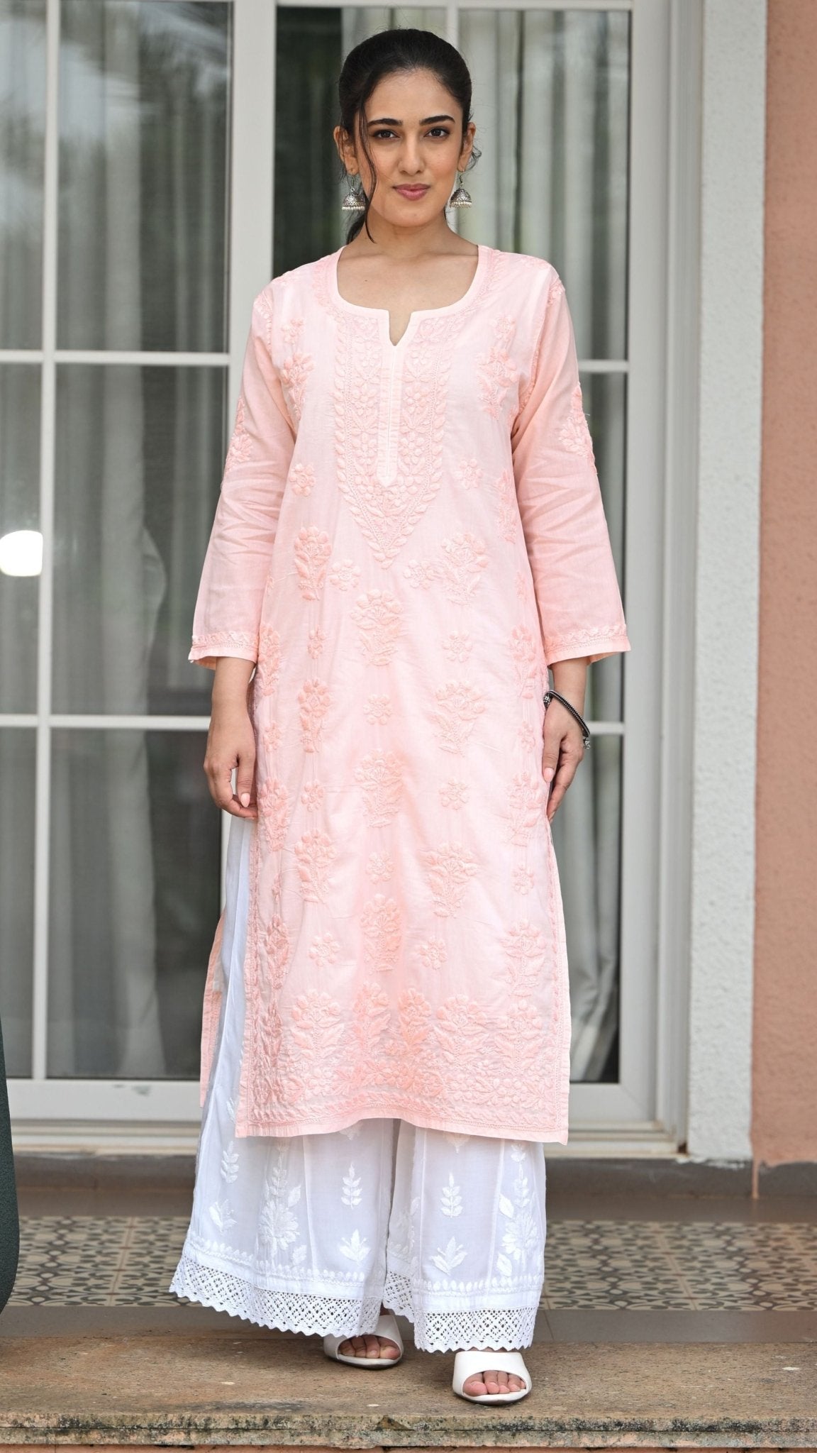 Reet Chikankari Pure Mul Cotton Kurtis - Apricot Haze
