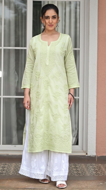 Reet Chikankari Pure Mul Cotton Kurtis - Pistachio  Green