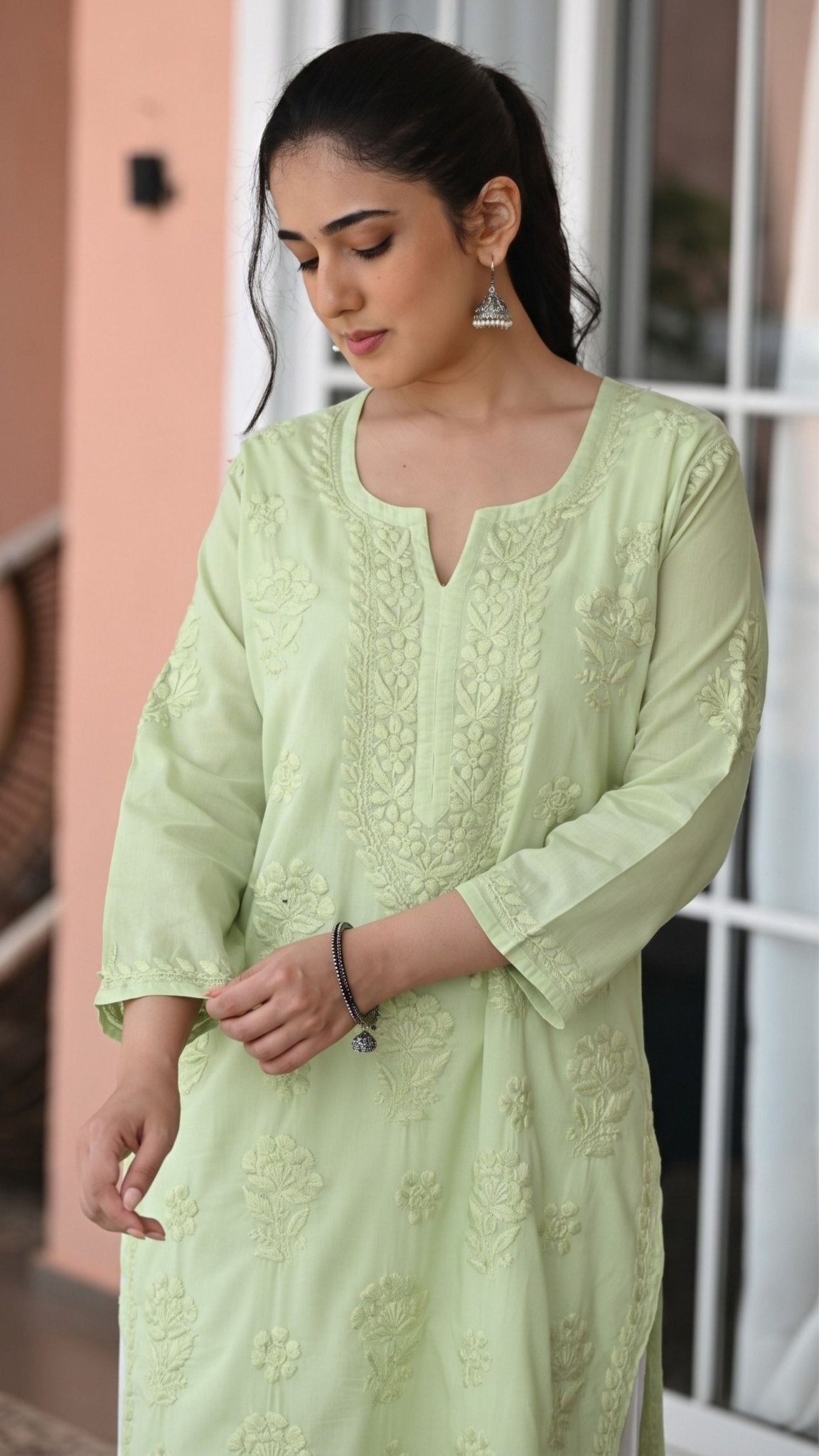 Reet Chikankari Pure Mul Cotton Kurtis - Pistachio  Green