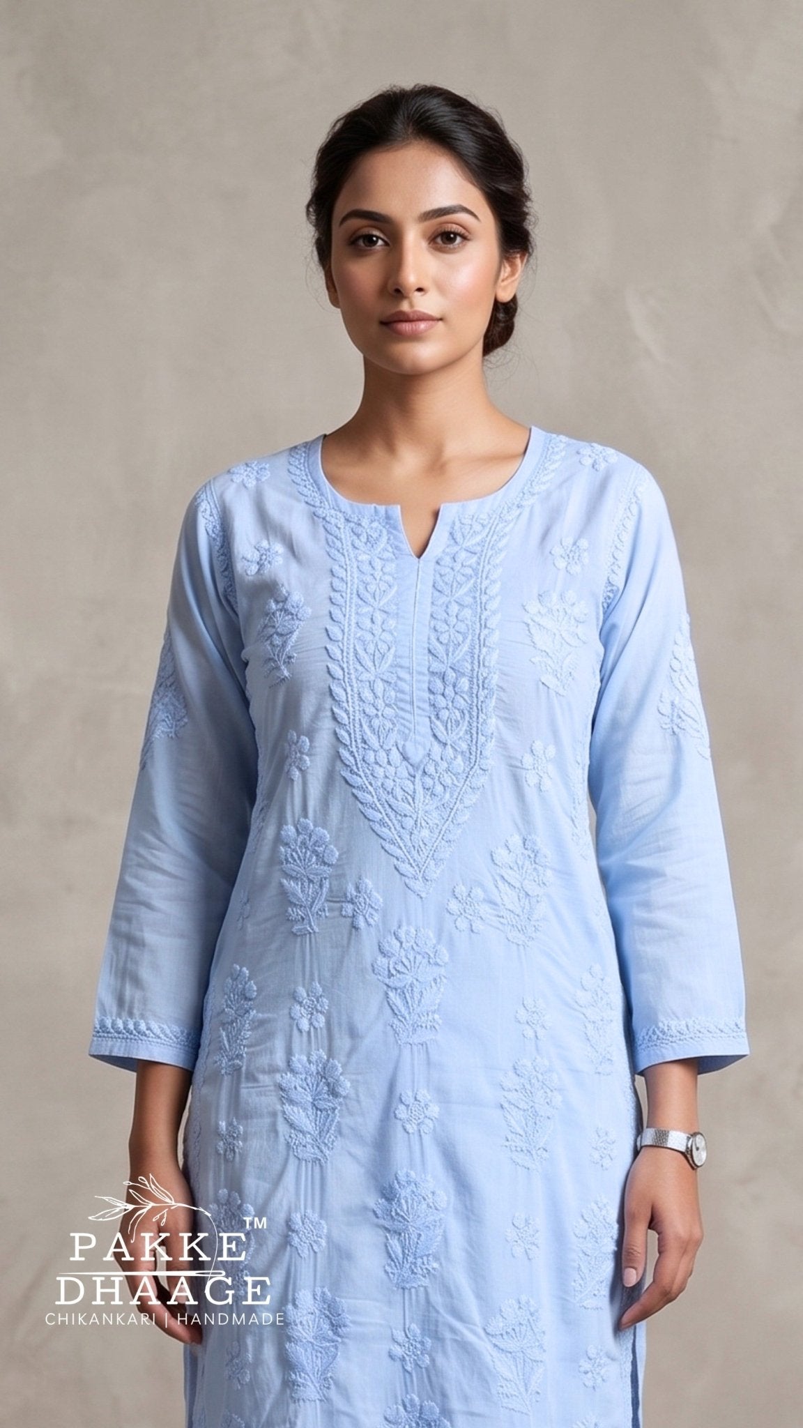 Reet Chikankari Pure Mul Cotton Kurtis - Powder Blue