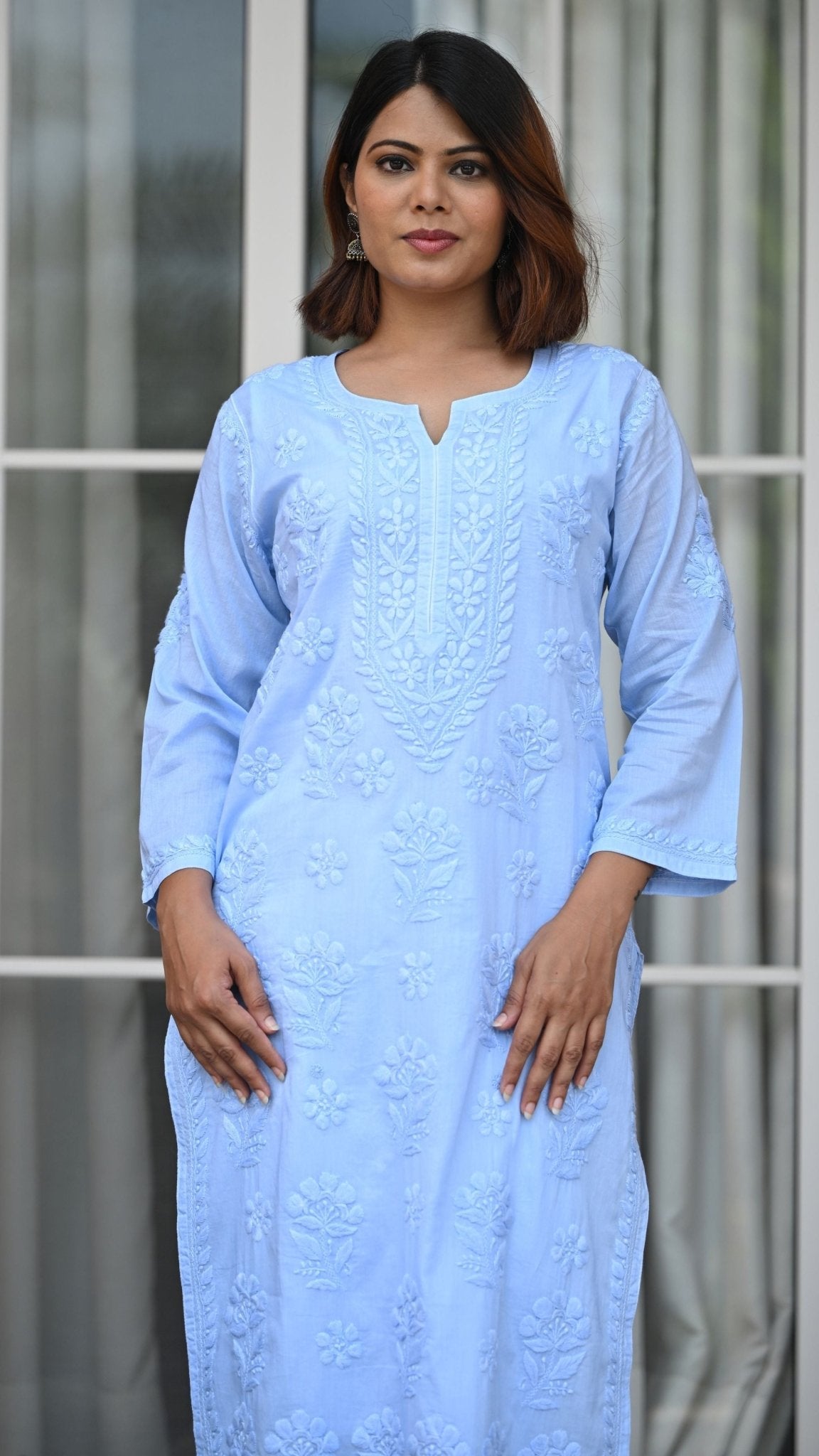 Reet Chikankari Pure Mul Cotton Kurtis - Powder Blue