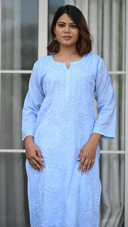 Reet Chikankari Pure Mul Cotton Kurtis - Powder Blue