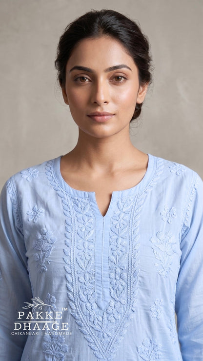 Reet Chikankari Pure Mul Cotton Kurtis - Powder Blue