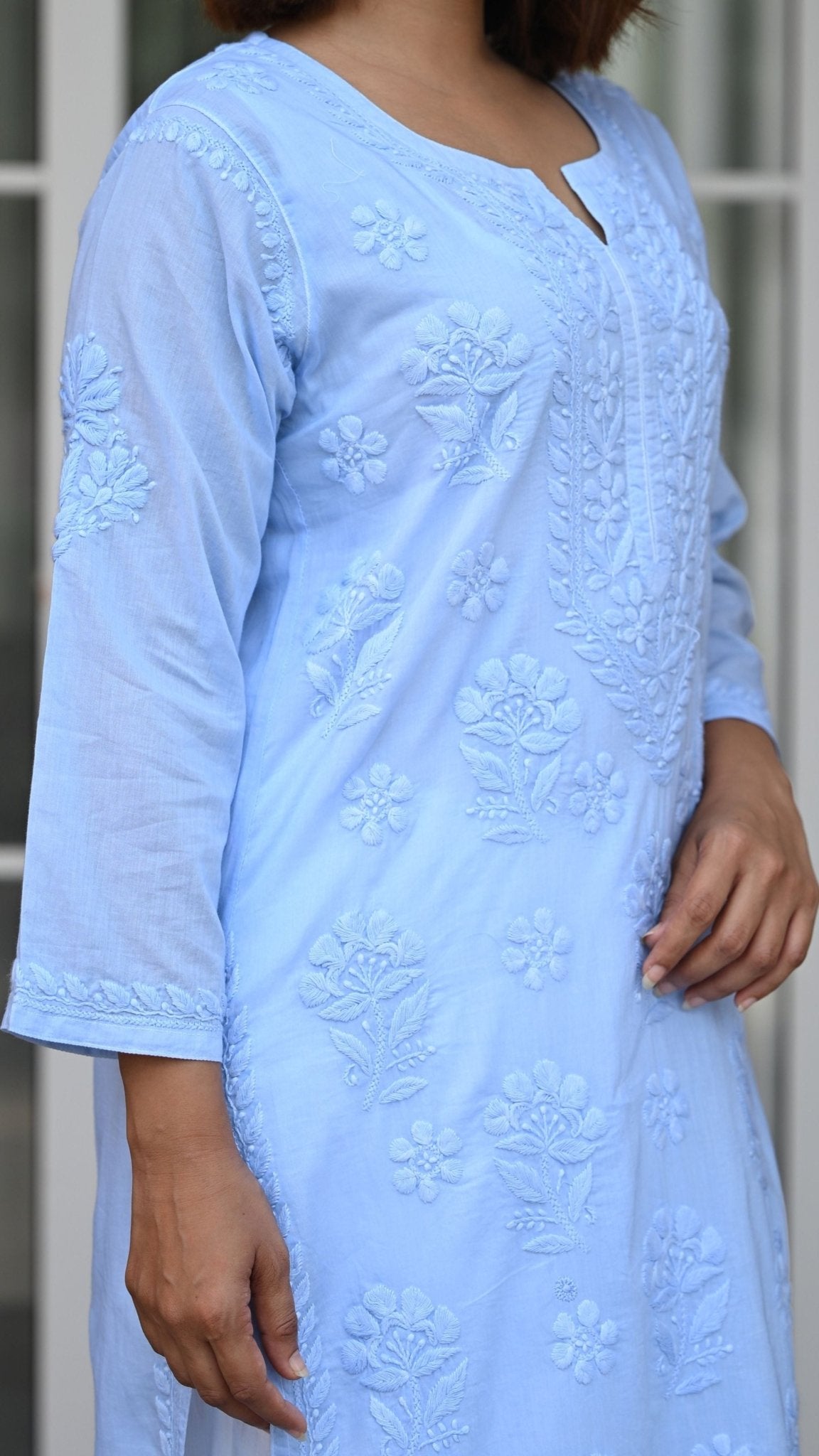 Reet Chikankari Pure Mul Cotton Kurtis - Powder Blue