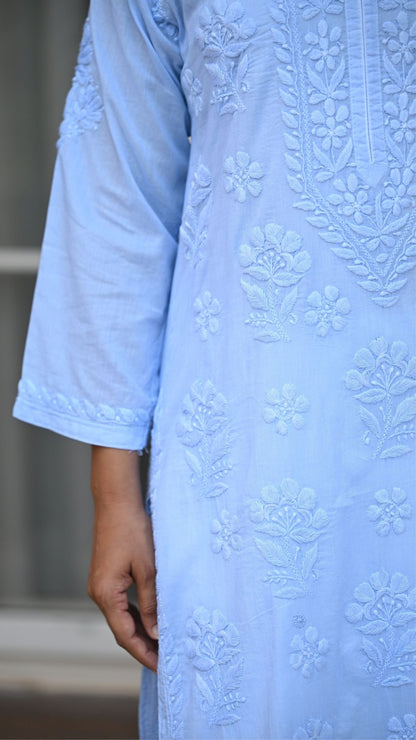 Reet Chikankari Pure Mul Cotton Kurtis - Powder Blue