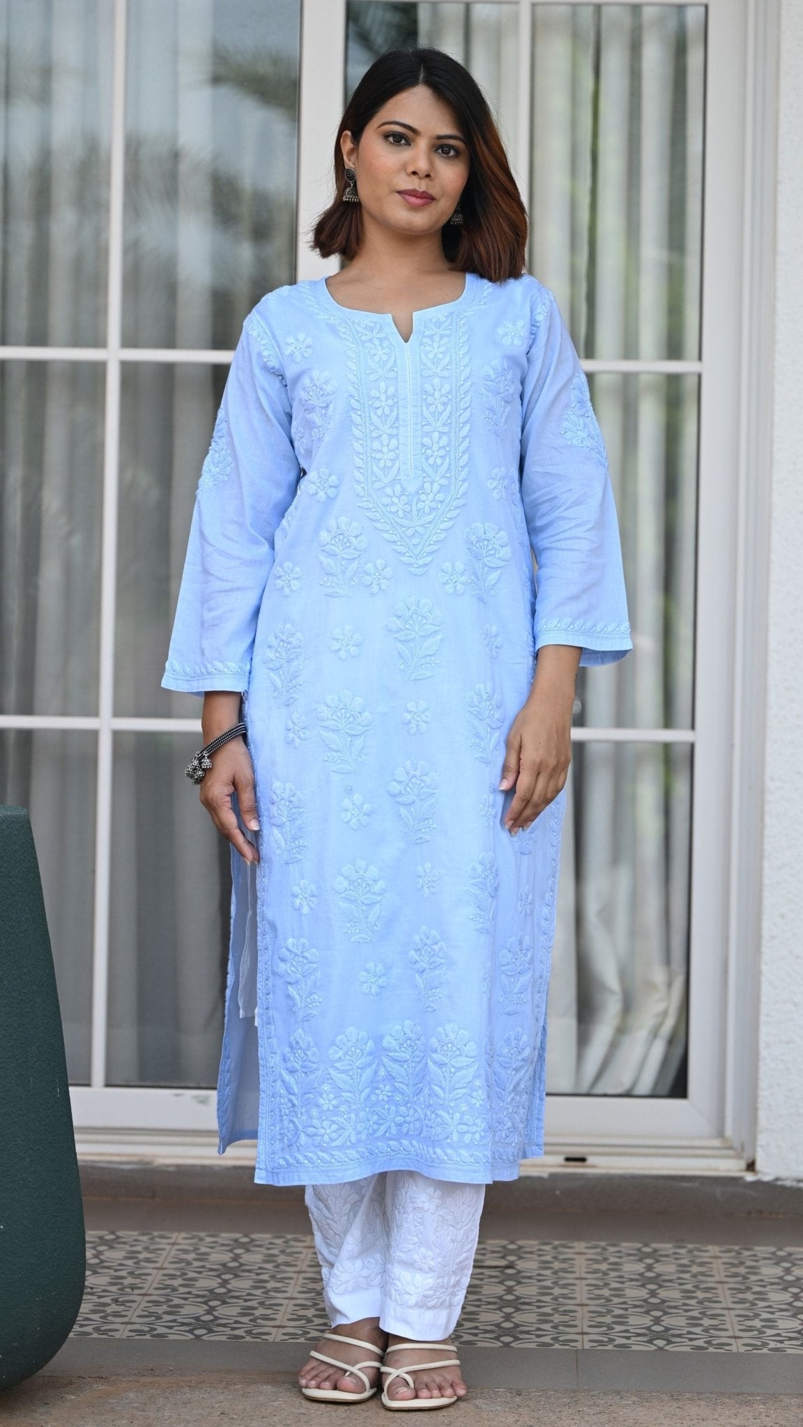 Reet Chikankari Pure Mul Cotton Kurtis - Powder Blue