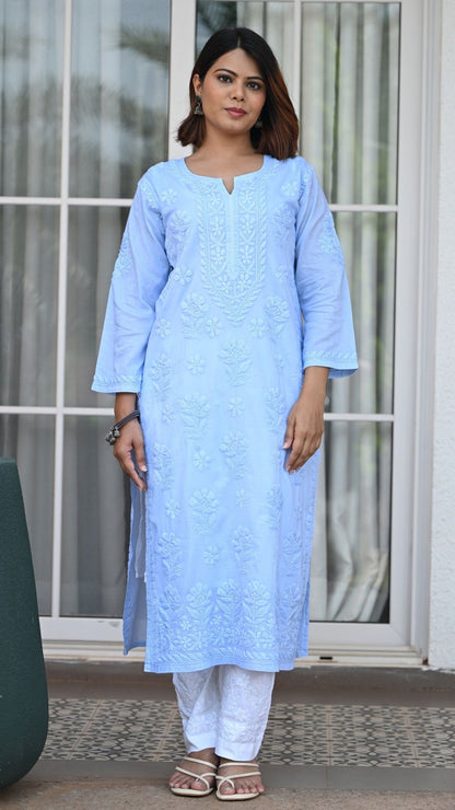 Reet Chikankari Pure Mul Cotton Kurtis - Powder Blue