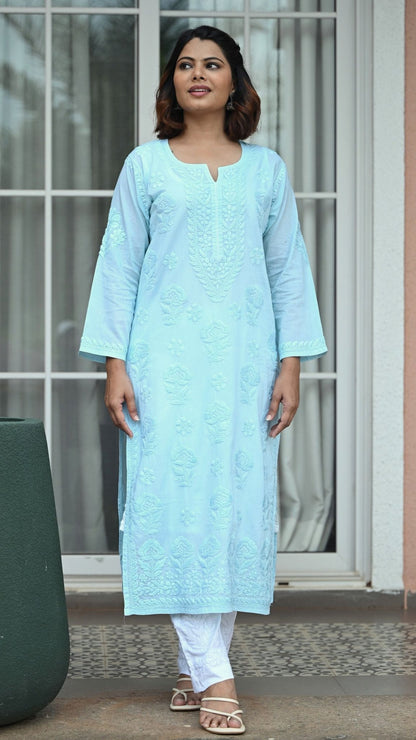 Reet Chikankari Pure Mul Cotton Kurtis - Sea Green