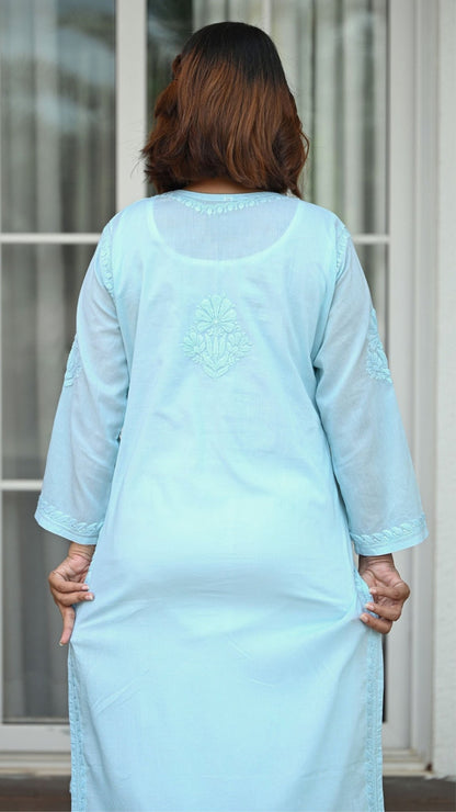 Reet Chikankari Pure Mul Cotton Kurtis - Sea Green