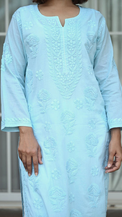 Reet Chikankari Pure Mul Cotton Kurtis - Sea Green