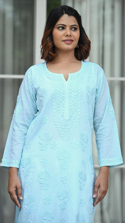 Reet Chikankari Pure Mul Cotton Kurtis - Sea Green
