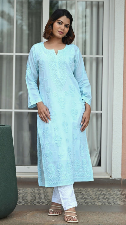 Reet Chikankari Pure Mul Cotton Kurtis - Sea Green