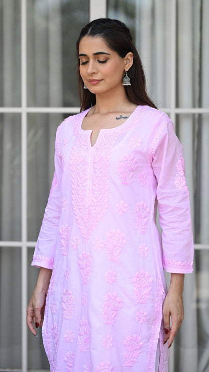 Reet Chikankari Pure Mul Cotton Kurtis - Soft Pink