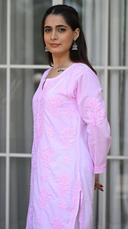 Reet Chikankari Pure Mul Cotton Kurtis - Soft Pink