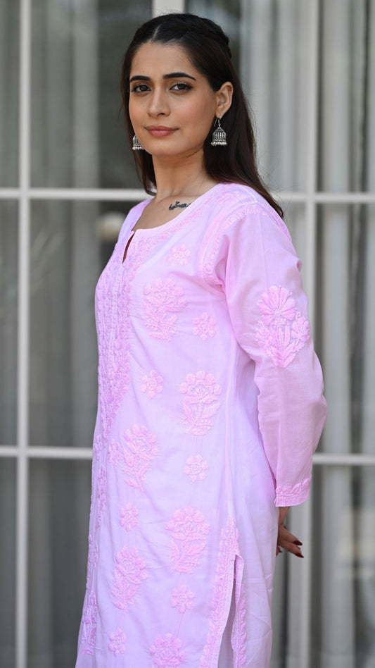 Reet Chikankari Pure Mul Cotton Kurtis - Soft Pink