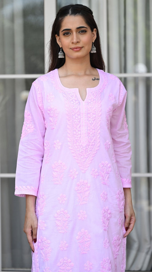 Reet Chikankari Pure Mul Cotton Kurtis - Soft Pink