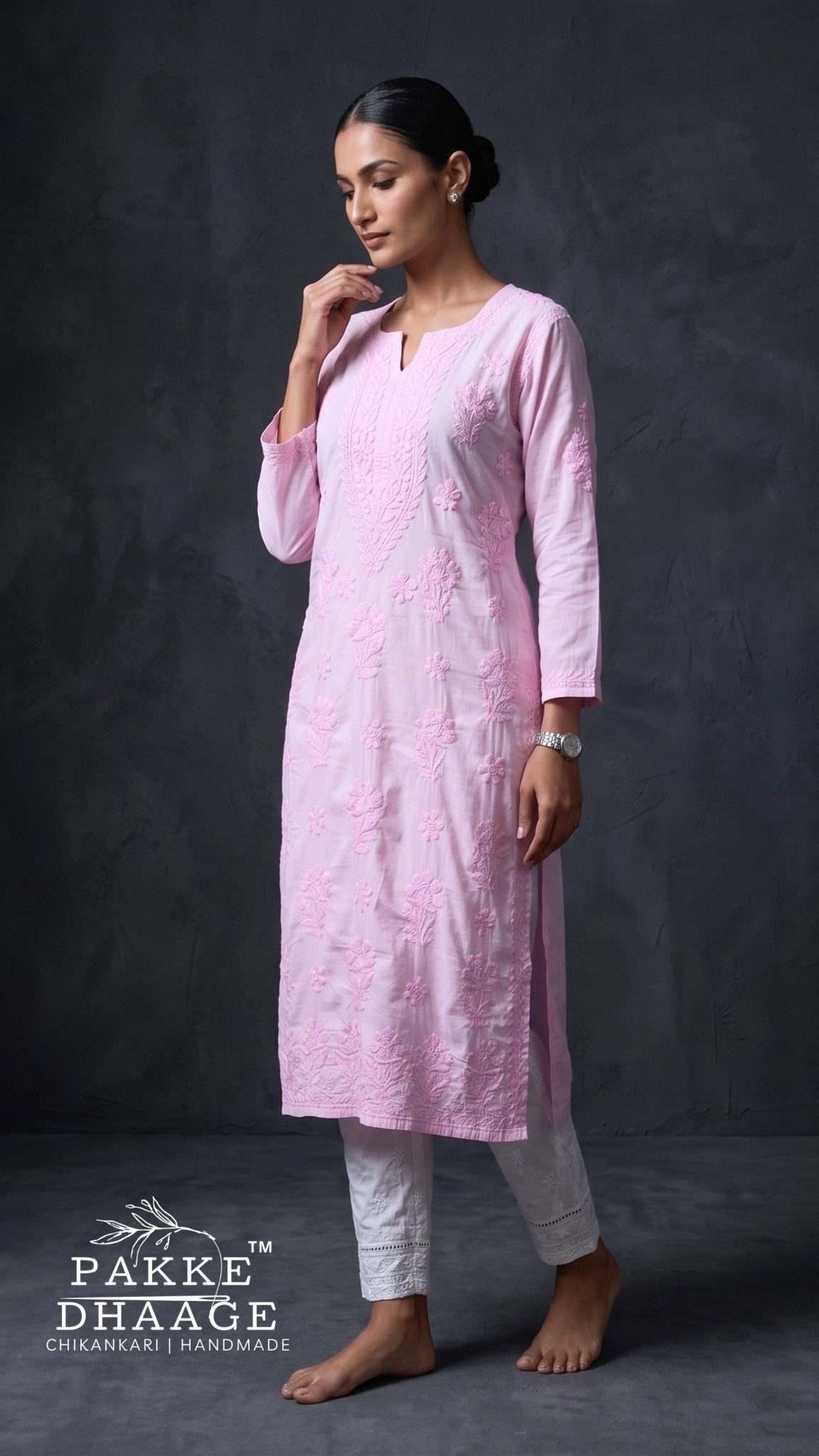 Reet Chikankari Pure Mul Cotton Kurtis - Soft Pink