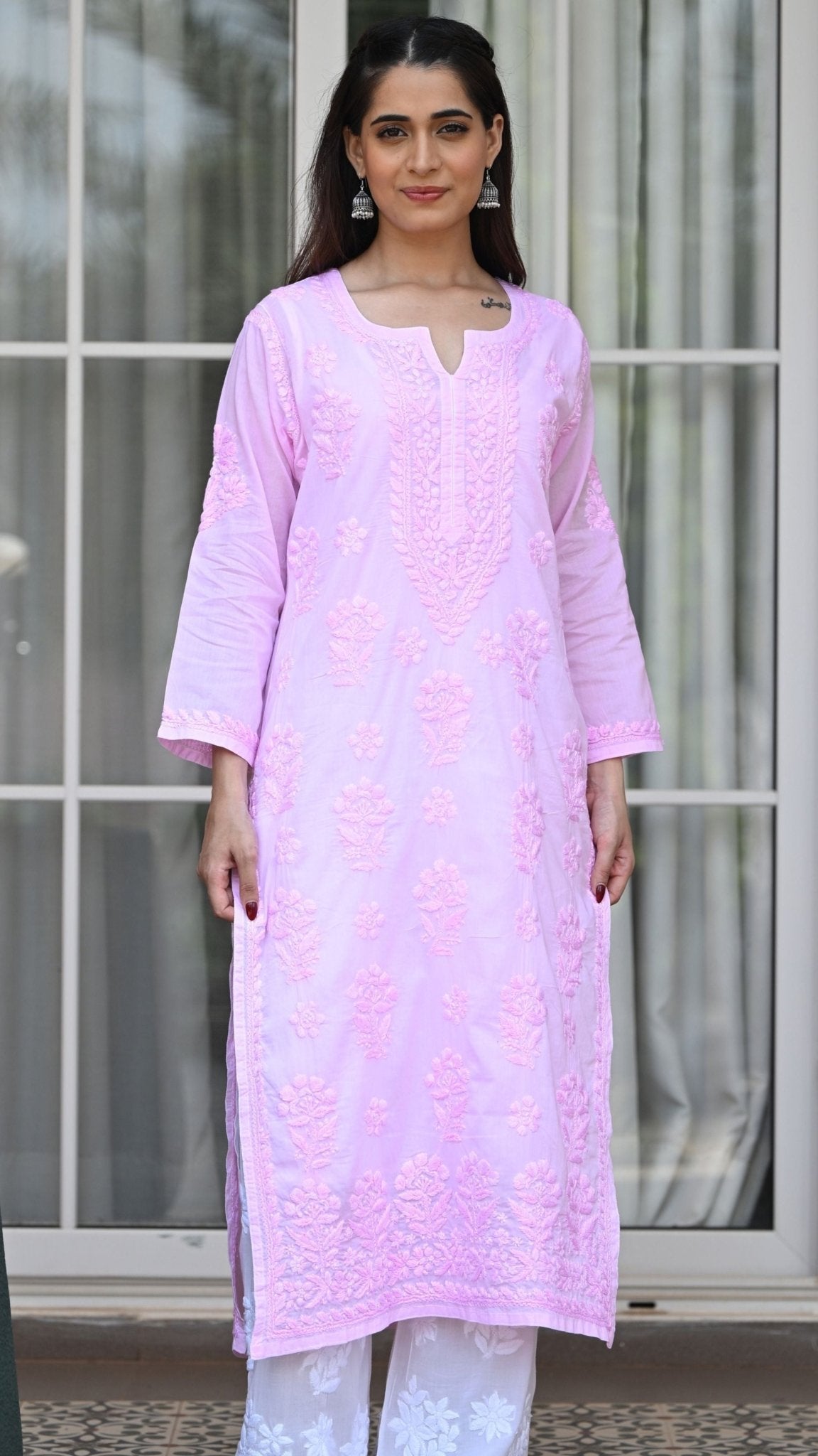 Reet Chikankari Pure Mul Cotton Kurtis - Soft Pink