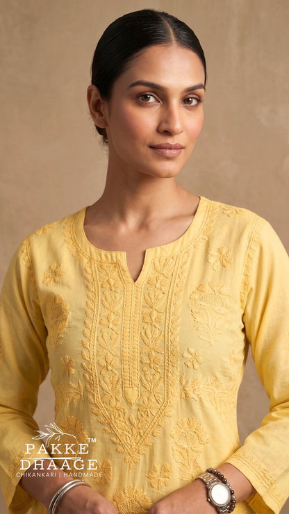 Reet Chikankari Pure Mul Cotton Kurtis - Sunshine Yellow