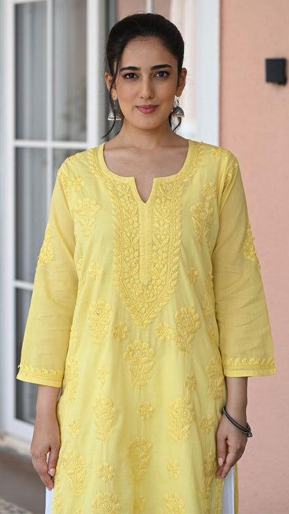 Reet Chikankari Pure Mul Cotton Kurtis - Sunshine Yellow