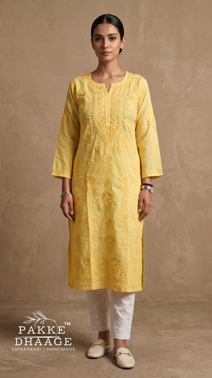 Reet Chikankari Pure Mul Cotton Kurtis - Sunshine Yellow