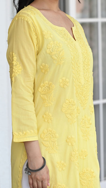 Reet Chikankari Pure Mul Cotton Kurtis - Sunshine Yellow