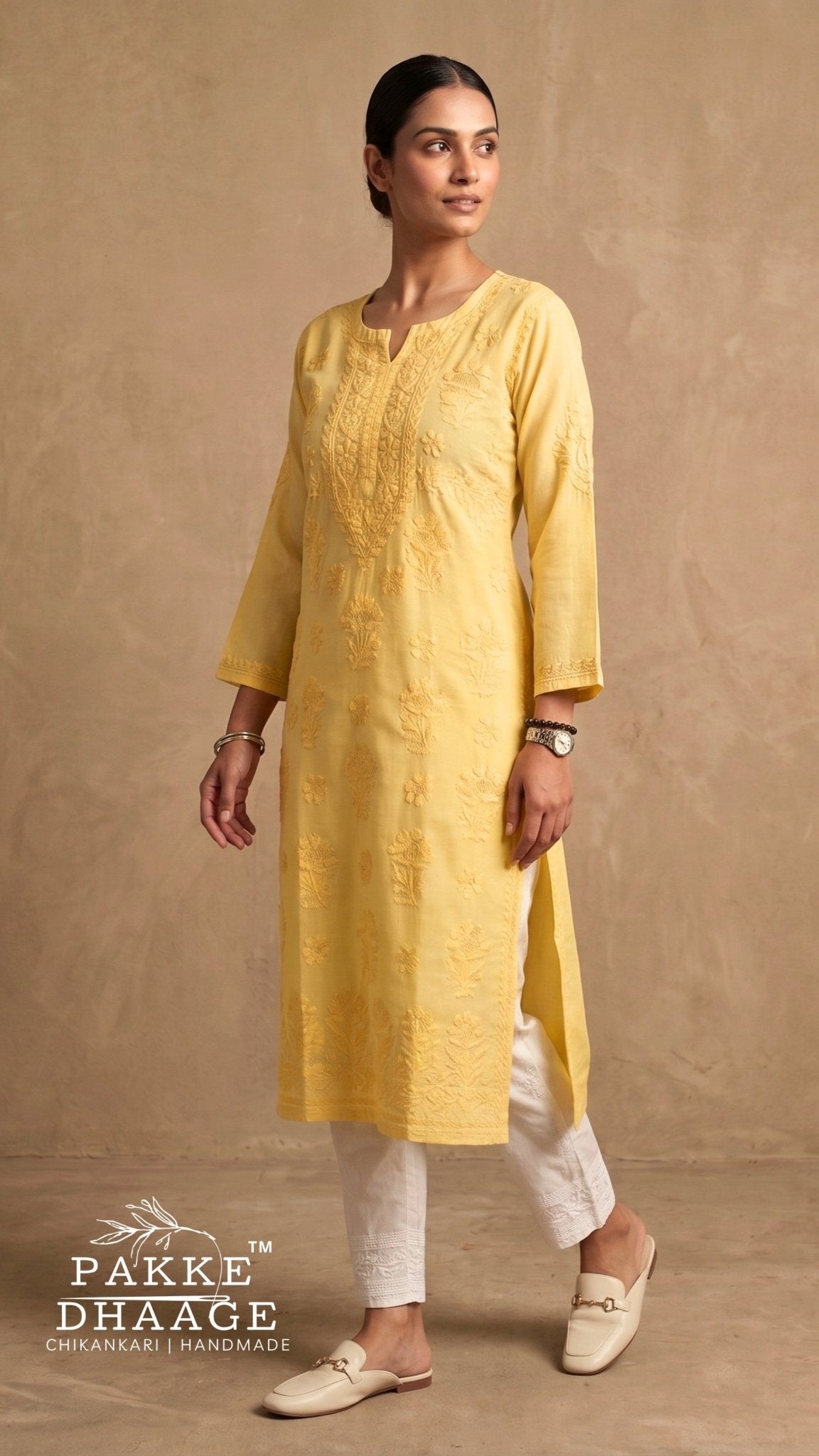 Reet Chikankari Pure Mul Cotton Kurtis - Sunshine Yellow