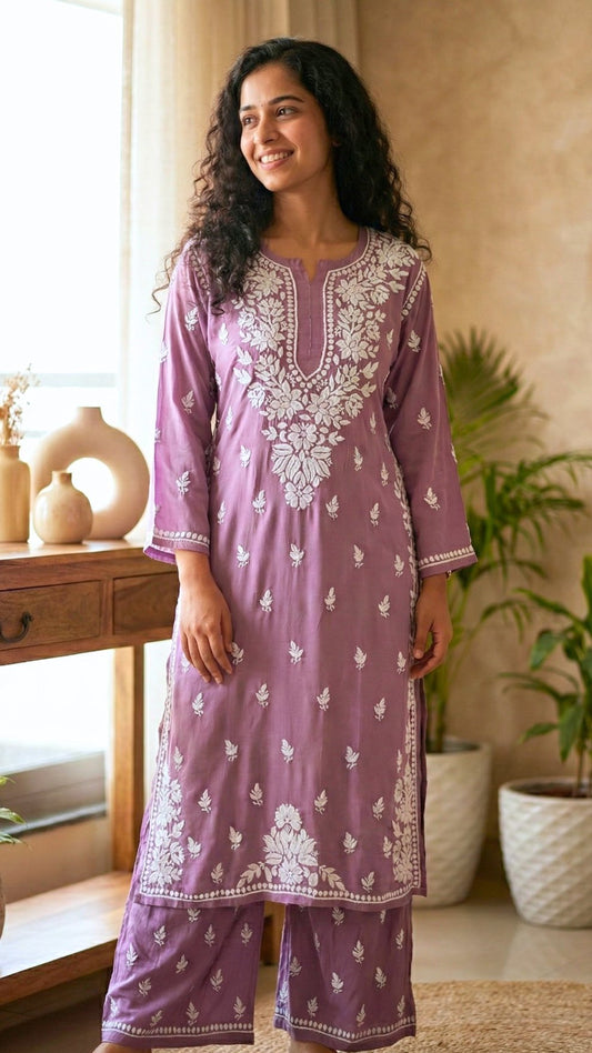 Rida Modal Chikankari Kurta Palazzo 2PC Set Mauve
