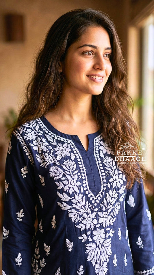 Rida Modal Chikankari Kurta Palazzo 2PC Set Navy