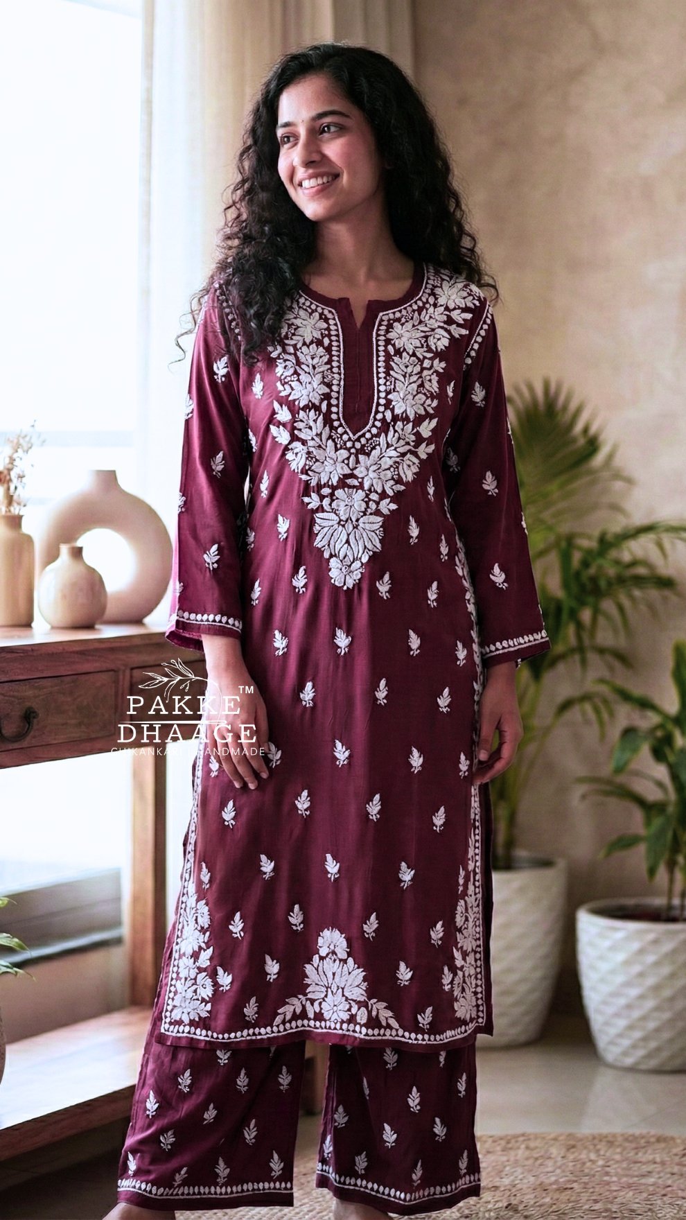 Rida Modal Chikankari Kurta Palazzo 2PC Set Poured Wine