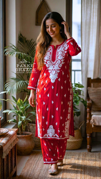 Rida Modal Chikankari Kurta Palazzo 2PC Set Red