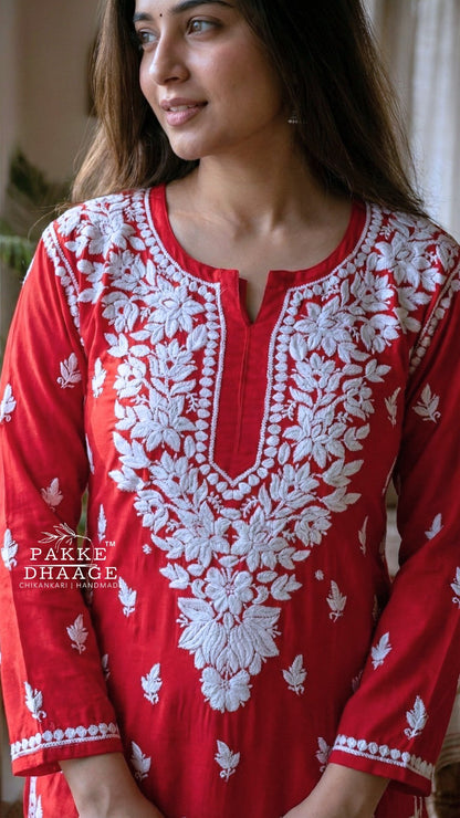 Rida Modal Chikankari Kurta Palazzo 2PC Set Red