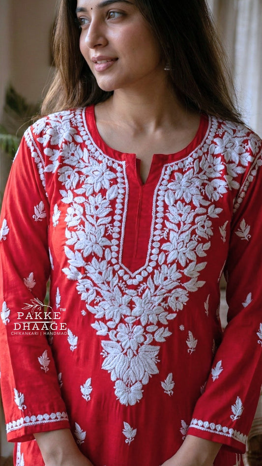 Rida Modal Chikankari Kurta Palazzo 2PC Set Red