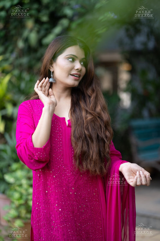 Roohani Georgette Kurta & Kurta Sets - Love Potion Hot Pink