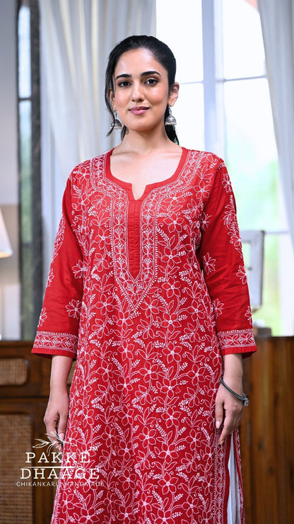 Roohi Pure Mulmul Cotton Kurta - Red Rouge