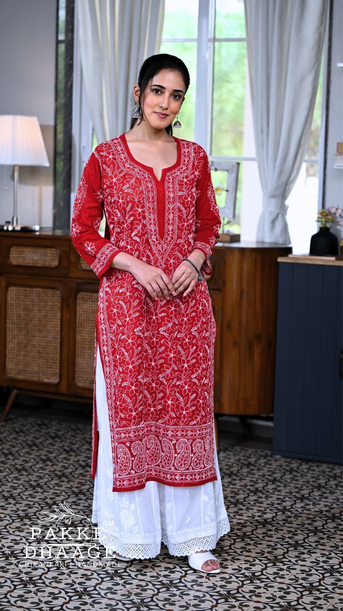Roohi Pure Mulmul Cotton Kurta - Red Rouge