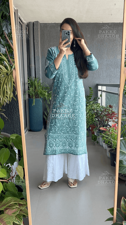Roohi Pure Mulmul Cotton Kurta - Teal Green
